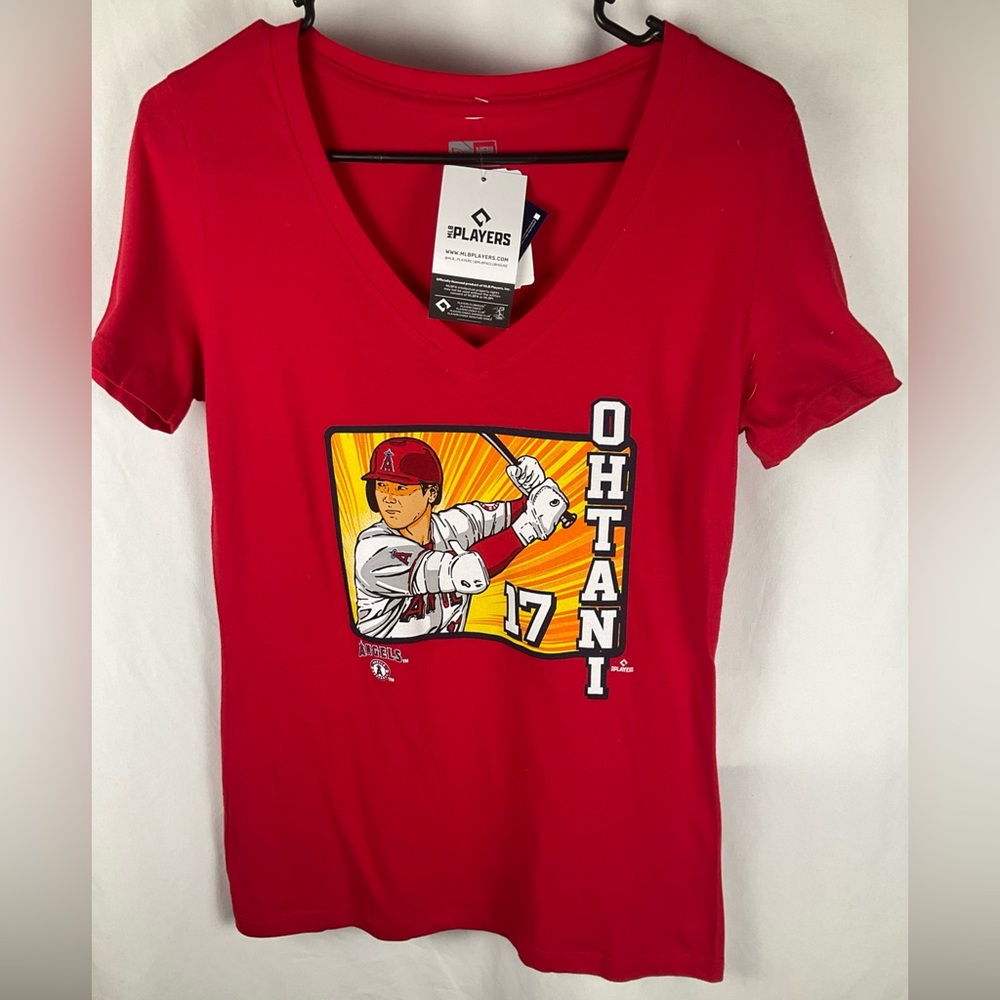 New Era Shonei Ohtani Women’s Red V Neck Small Short Sleeve T-Shirt New With Tag